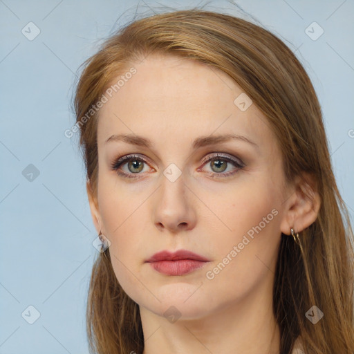 Neutral white young-adult female with long  brown hair and brown eyes