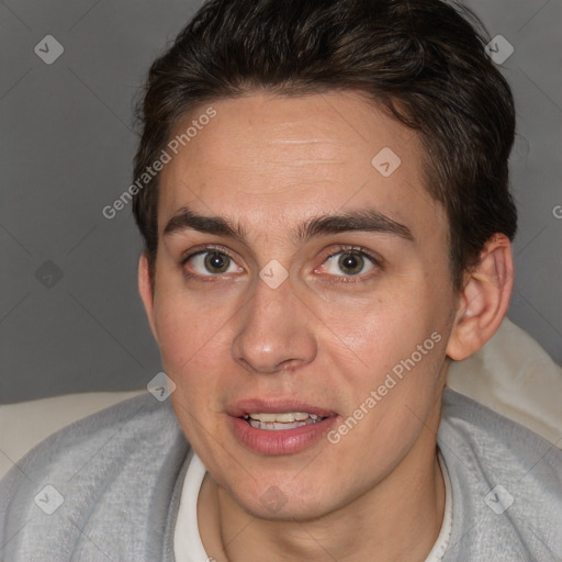 Joyful white adult female with short  brown hair and brown eyes