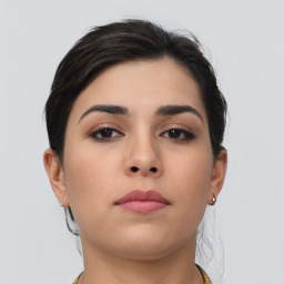 Neutral asian young-adult female with short  brown hair and brown eyes