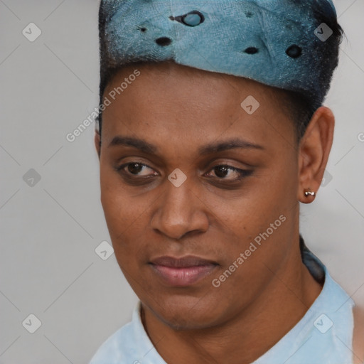 Neutral black young-adult female with short  black hair and brown eyes