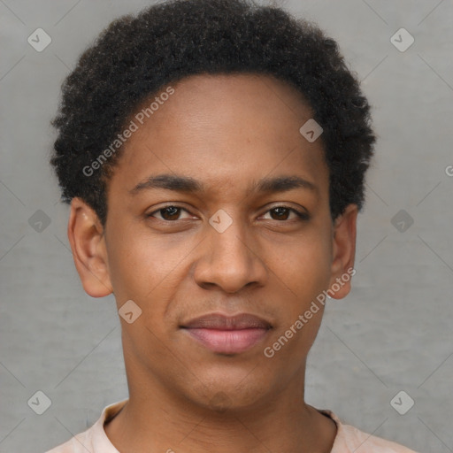 Joyful latino young-adult male with short  brown hair and brown eyes