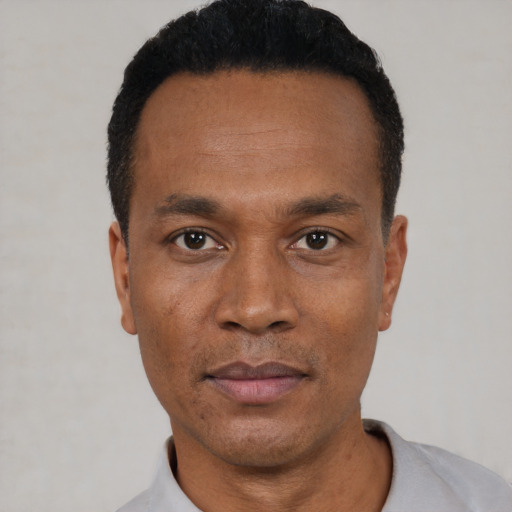 Neutral black adult male with short  black hair and brown eyes