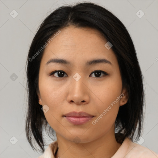 Neutral asian young-adult female with medium  brown hair and brown eyes