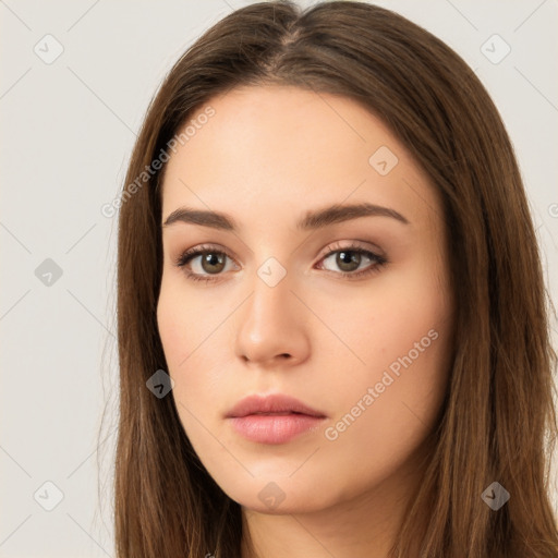 Neutral white young-adult female with long  brown hair and brown eyes