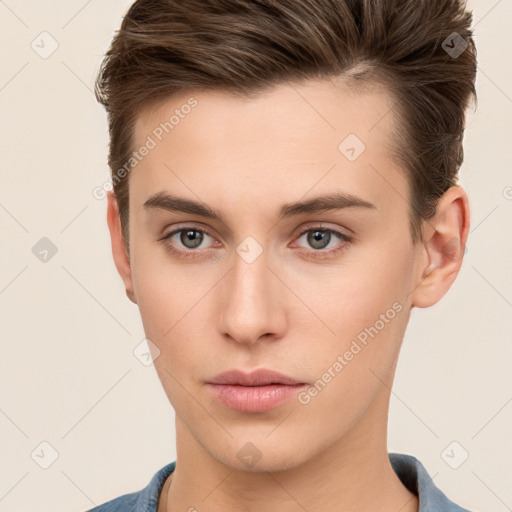 Neutral white young-adult male with short  brown hair and brown eyes