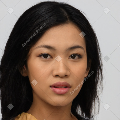 Joyful asian young-adult female with medium  black hair and brown eyes