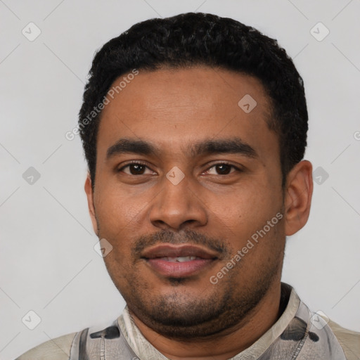 Neutral latino young-adult male with short  black hair and brown eyes