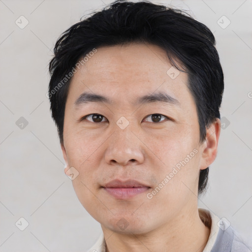 Neutral asian young-adult male with short  black hair and brown eyes