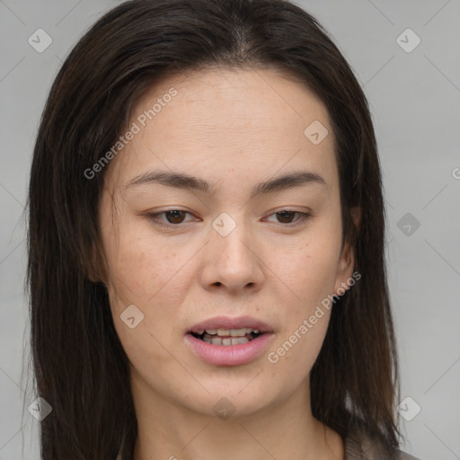 Joyful white young-adult female with medium  brown hair and brown eyes