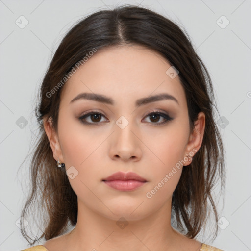 Neutral white young-adult female with medium  brown hair and brown eyes