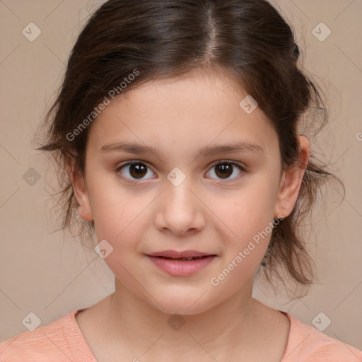 Joyful white child female with medium  brown hair and brown eyes