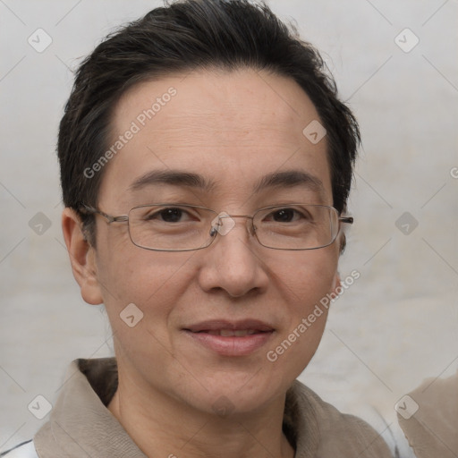 Joyful white adult female with short  brown hair and brown eyes