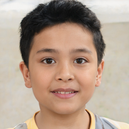 Joyful asian child male with short  brown hair and brown eyes