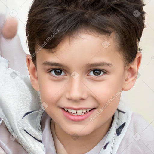 Joyful white child male with short  brown hair and brown eyes