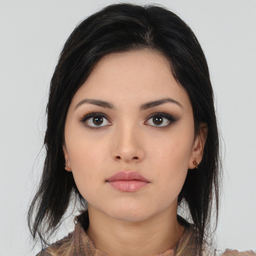 Neutral asian young-adult female with medium  black hair and brown eyes