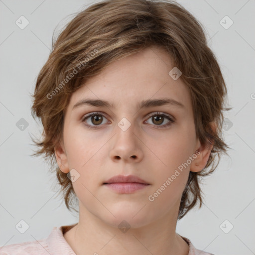 Neutral white young-adult female with medium  brown hair and brown eyes