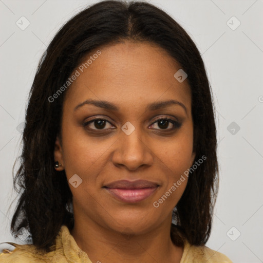 Joyful black young-adult female with medium  brown hair and brown eyes