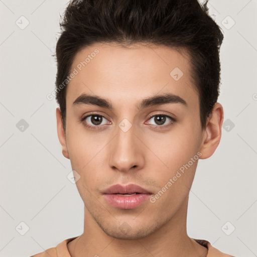 Neutral white young-adult male with short  brown hair and brown eyes