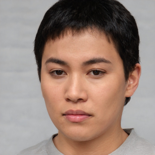 Neutral asian young-adult male with short  brown hair and brown eyes