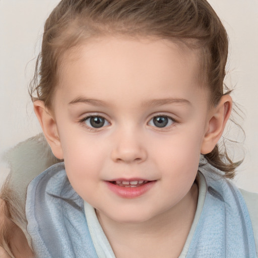 Joyful white child female with medium  brown hair and grey eyes