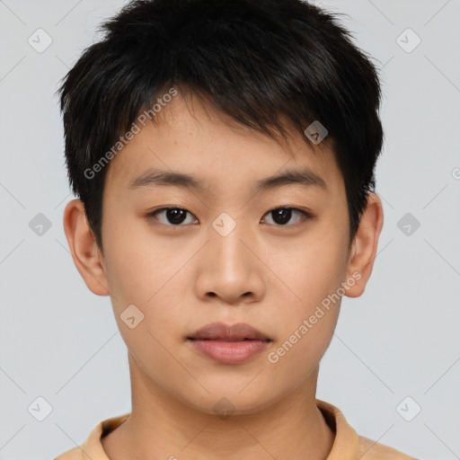 Neutral asian young-adult male with short  brown hair and brown eyes