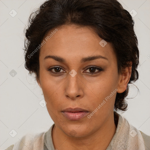 Neutral latino young-adult female with medium  brown hair and brown eyes