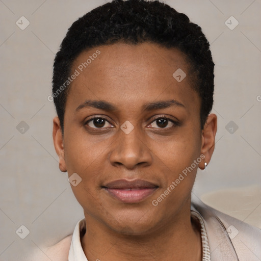 Joyful black young-adult female with short  black hair and brown eyes