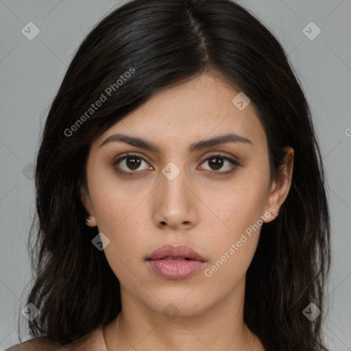 Neutral asian young-adult female with long  brown hair and brown eyes