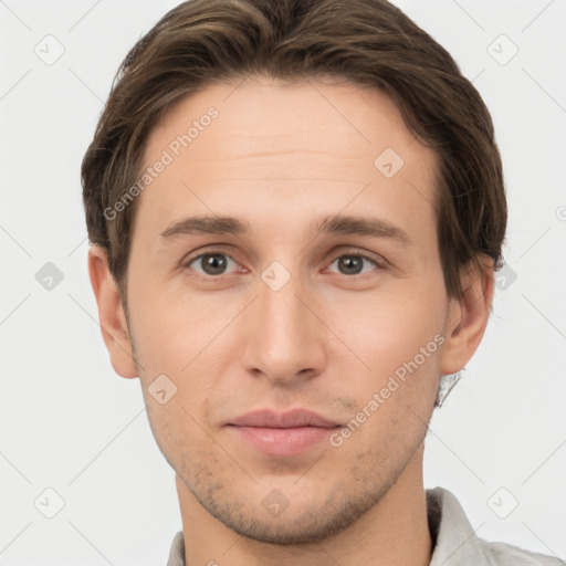 Neutral white young-adult male with short  brown hair and brown eyes