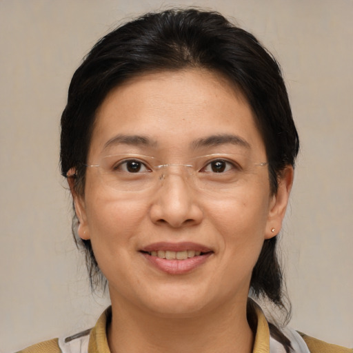 Joyful asian adult female with medium  brown hair and brown eyes