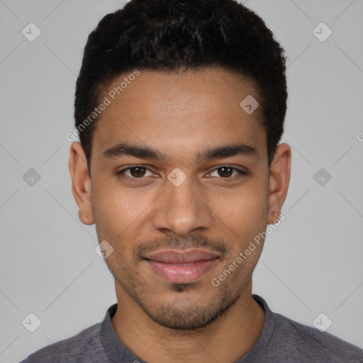 Joyful latino young-adult male with short  brown hair and brown eyes