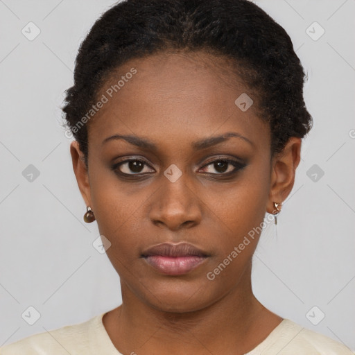 Neutral black young-adult female with short  brown hair and brown eyes