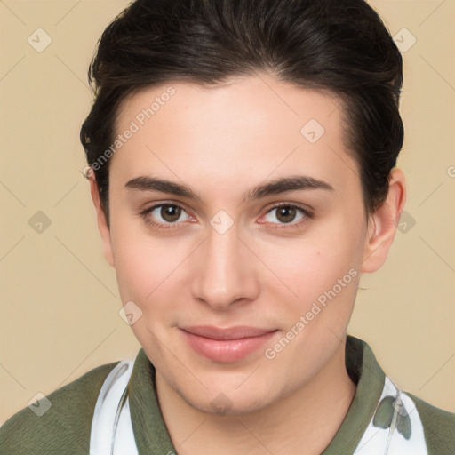 Joyful white young-adult female with short  brown hair and brown eyes