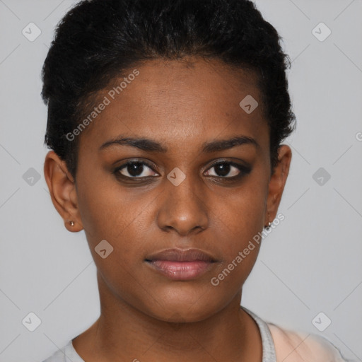 Neutral black young-adult female with short  brown hair and brown eyes