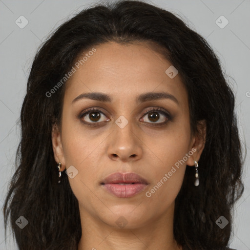 Joyful latino young-adult female with long  brown hair and brown eyes