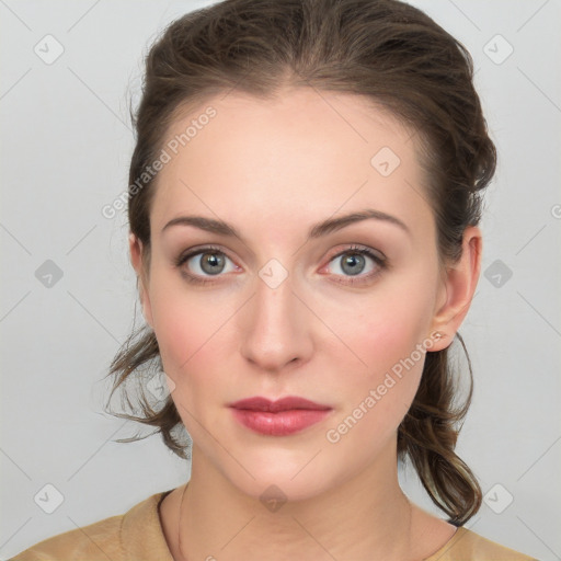 Neutral white young-adult female with medium  brown hair and green eyes