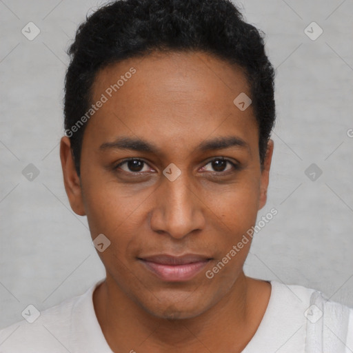 Neutral black young-adult male with short  black hair and brown eyes