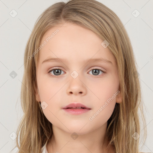 Neutral white child female with medium  brown hair and blue eyes