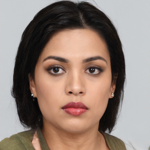 Neutral asian young-adult female with long  black hair and brown eyes