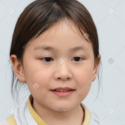 Joyful white child female with medium  brown hair and brown eyes