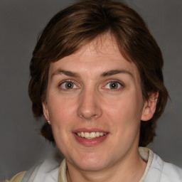 Joyful white adult female with medium  brown hair and grey eyes