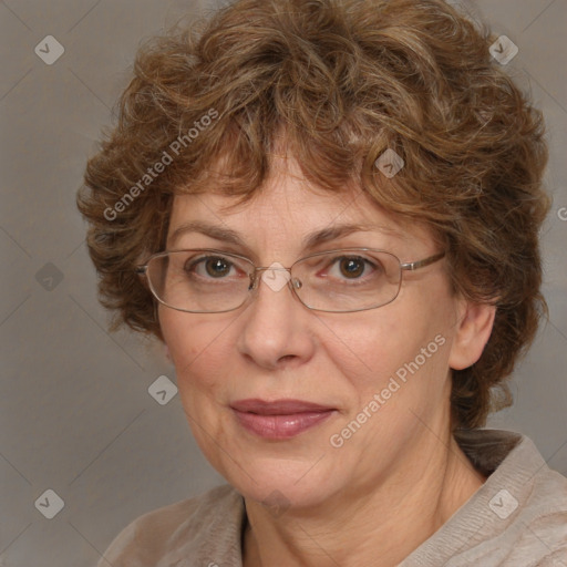 Joyful white adult female with medium  brown hair and blue eyes