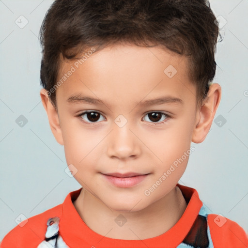 Joyful white child male with short  brown hair and brown eyes