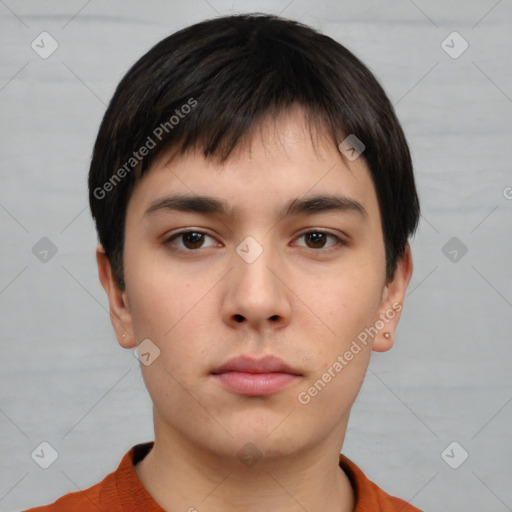 Neutral white young-adult male with short  brown hair and brown eyes