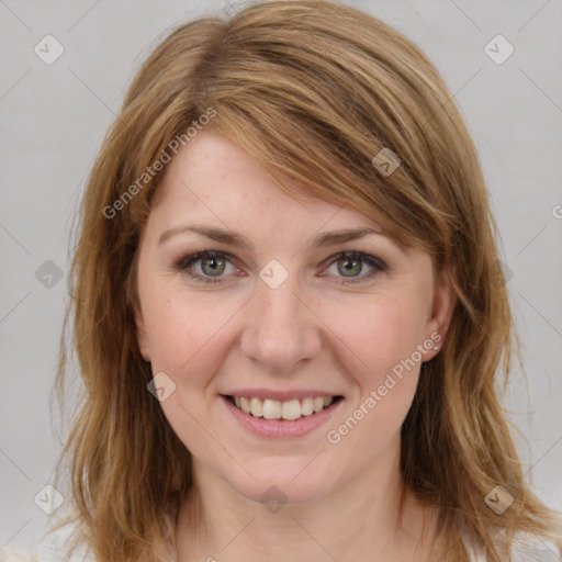 Joyful white young-adult female with medium  brown hair and blue eyes