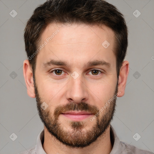 Neutral white young-adult male with short  brown hair and brown eyes