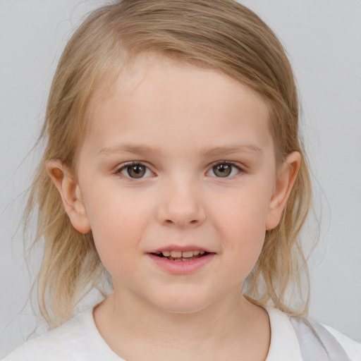 Joyful white child female with medium  brown hair and blue eyes