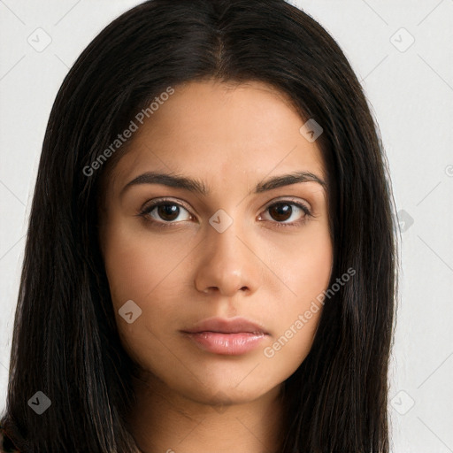 Neutral asian young-adult female with long  brown hair and brown eyes