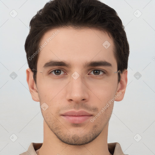 Neutral white young-adult male with short  brown hair and brown eyes