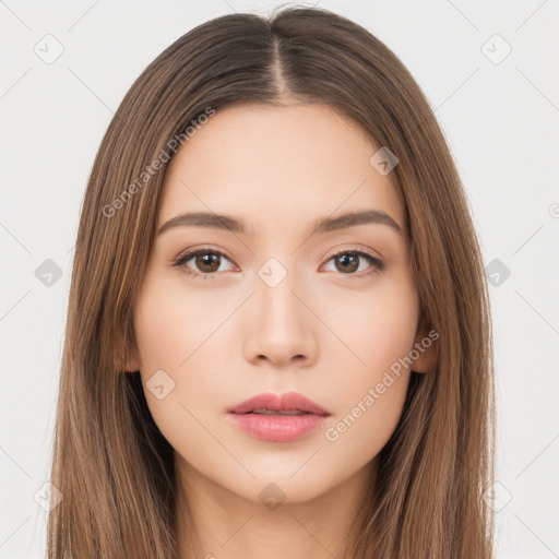 Neutral white young-adult female with long  brown hair and brown eyes